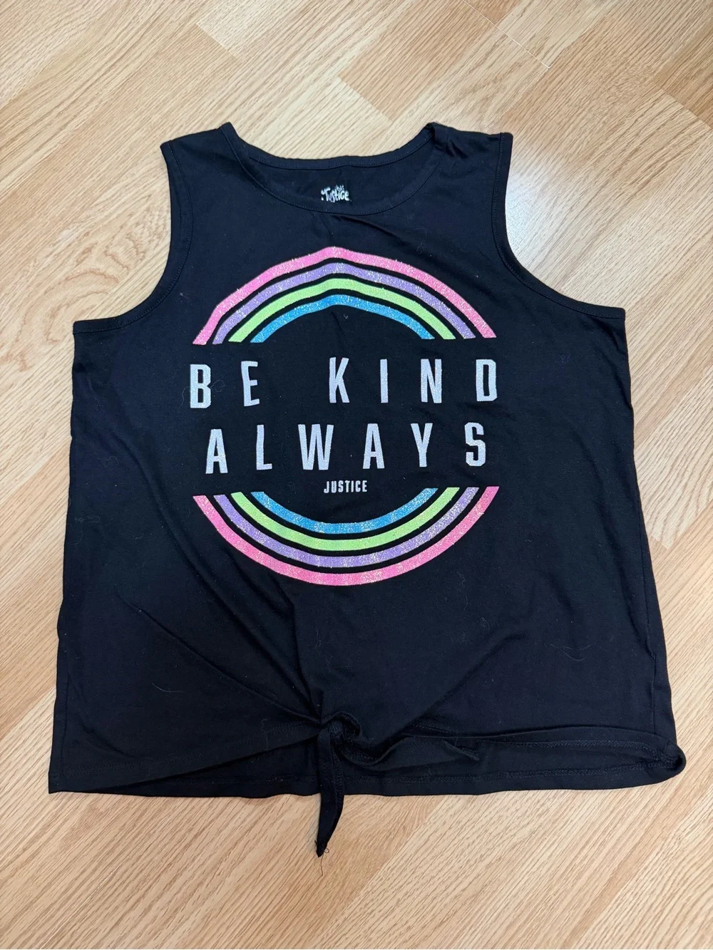 Justice Girls XL 16/18 Be Kind Always Rainbow Graphic Black Glitter Tank Top